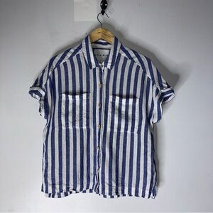 Lola River Blue‎ White Stripe Boxy Collar Short Sleeve Linen Blend Top Medium